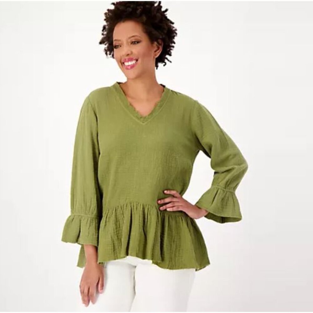 Denim & Co. Canyon Retreat V-Neck Flounce Hem Blouse-Desert Olive-X Small